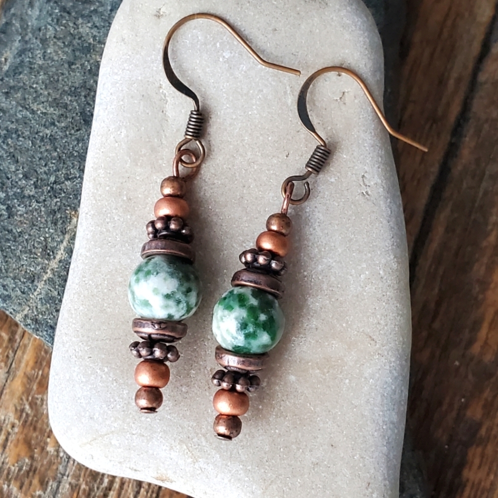 Handmade Drop Earrings in Copper and Tree Agate